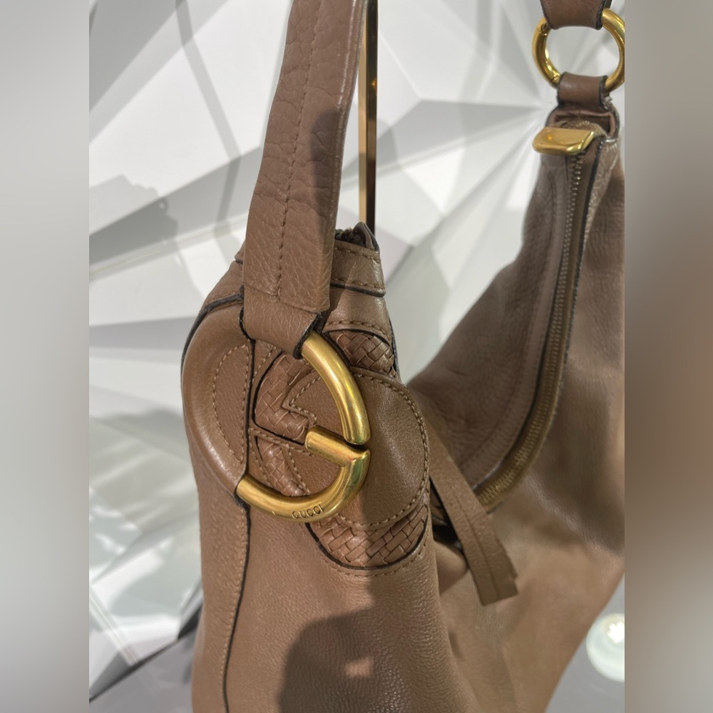 AUTHENTIC GUCCI INTERLOCKING LEATHER SHOULDER BROWN/TAUPE